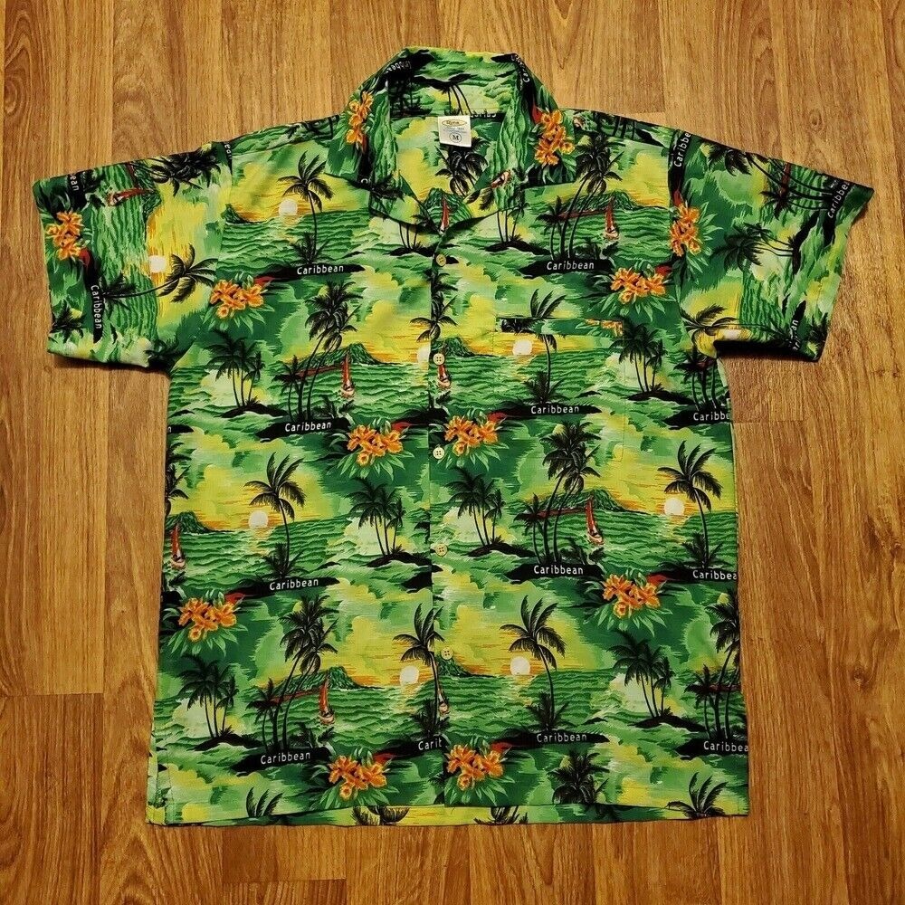 Hawaiian Shirt Rima BeachWorld Men Medium Green Caribbean 100% Terivoile‎